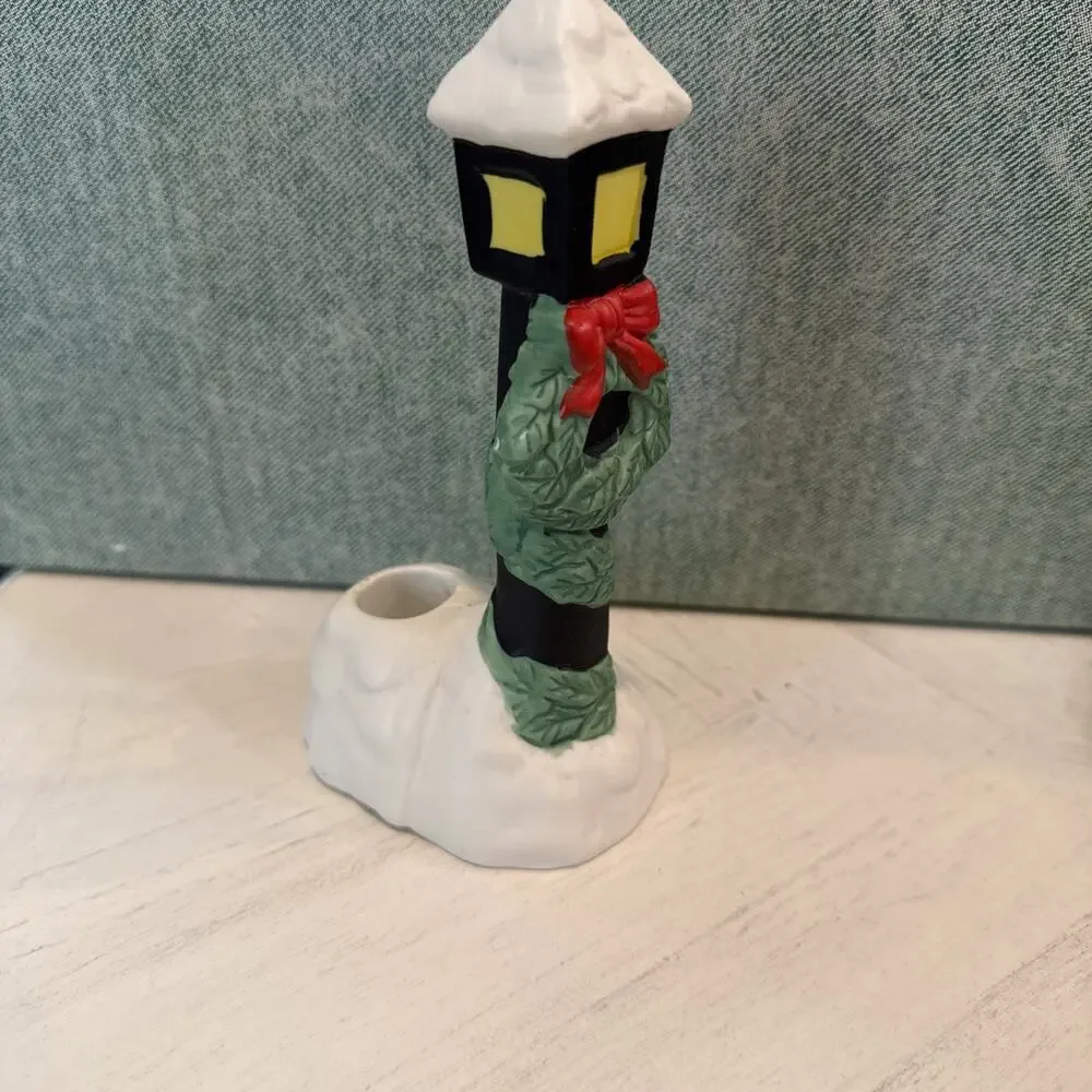 Vintage Christmas Village Ceramic Street Lamp Taper Candle Holder EUC 6